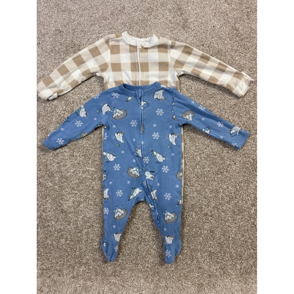 Carter's Baby Boy 2 Pack Fleece Footed Pajamas Blue Polar Bear Tan Plaid 6M